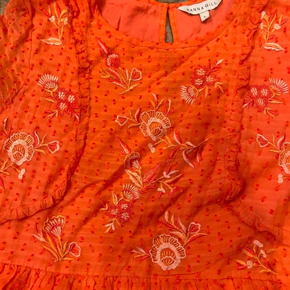 Anthropologie Ranna Gill Embroidered Tunic Dress Orange Floral Swiss Dots Sz L - Picture 3 of 9
